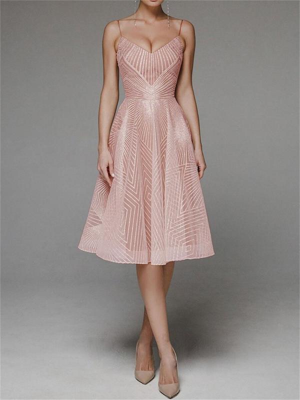 Pink Straps Low Cut V Neck Embroidered Mesh Lace Elegant Evening Party Wedding Midi Dress