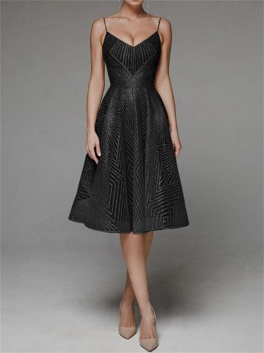 Black Straps Low Cut V Neck Embroidered Mesh Lace Elegant Evening Party Wedding Midi Dress
