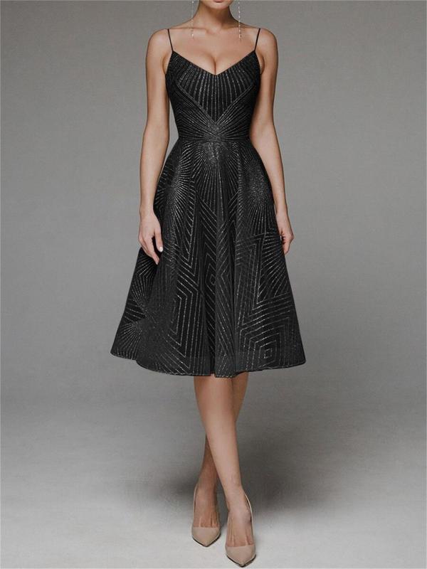 Black Straps Low Cut V Neck Embroidered Mesh Lace Elegant Evening Party Wedding Midi Dress