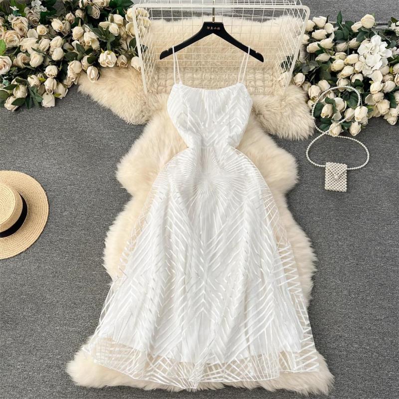 White Straps Low Cut V Neck Embroidered Mesh Lace Elegant Evening Party Wedding Midi Dress