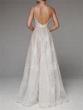 Apricot Straps Low Cut V Neck Embroidered Mesh Lace Elegant Evening Party Wedding Long Dress