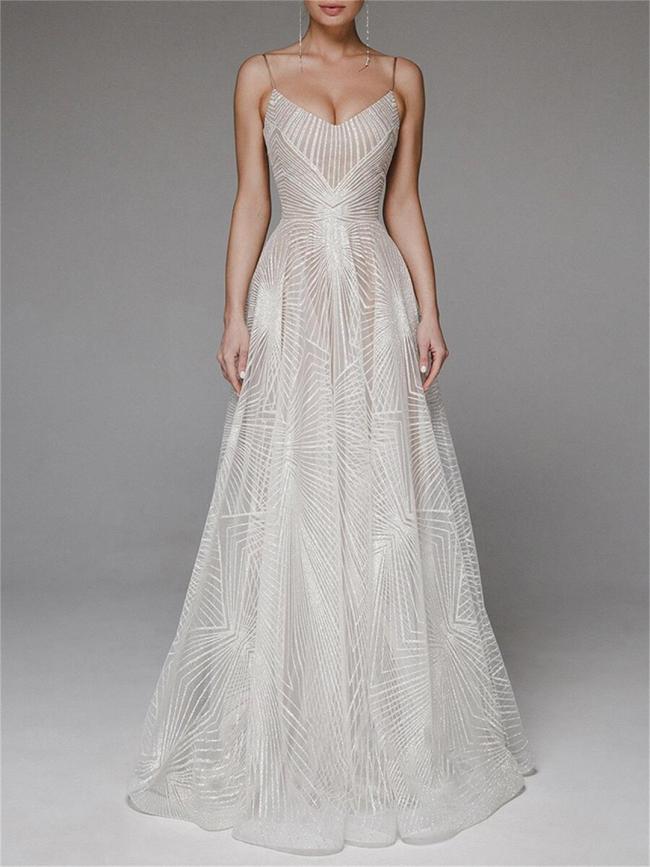 Apricot Straps Low Cut V Neck Embroidered Mesh Lace Elegant Evening Party Wedding Long Dress
