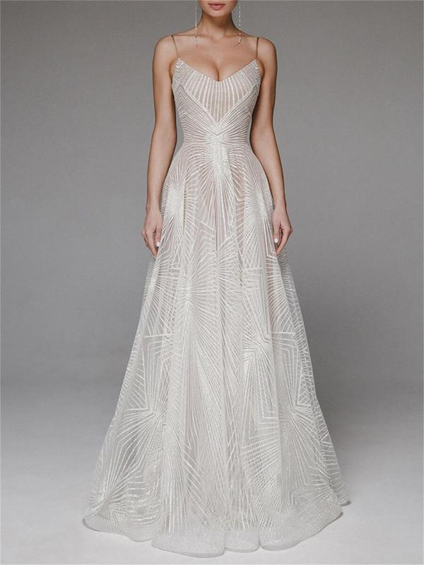 Apricot Straps Low Cut V Neck Embroidered Mesh Lace Elegant Evening Party Wedding Long Dress