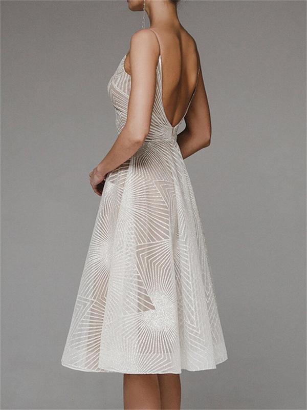 Beige Straps Low Cut V Neck Embroidered Mesh Lace Elegant Evening Party Wedding Midi Dress
