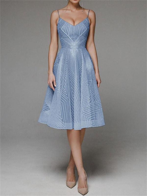 Sky Blue Straps Low Cut V Neck Embroidered Mesh Lace Elegant Evening Party Wedding Midi Dress