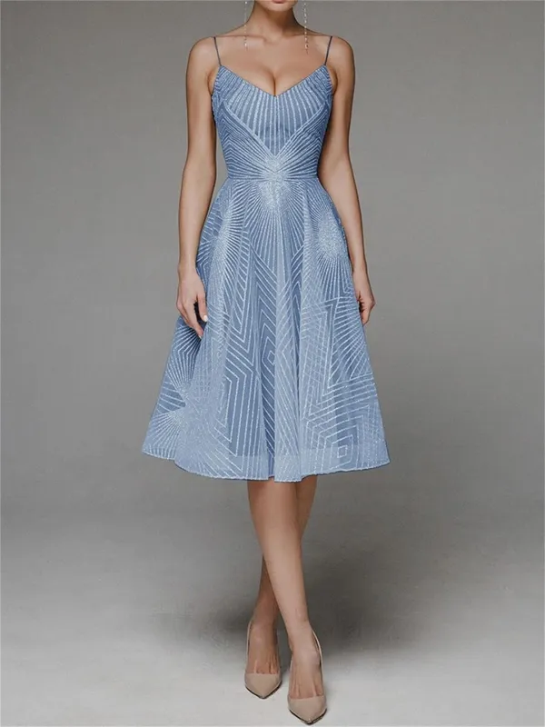 Sky Blue Straps Low Cut V Neck Embroidered Mesh Lace Elegant Evening Party Wedding Midi Dress