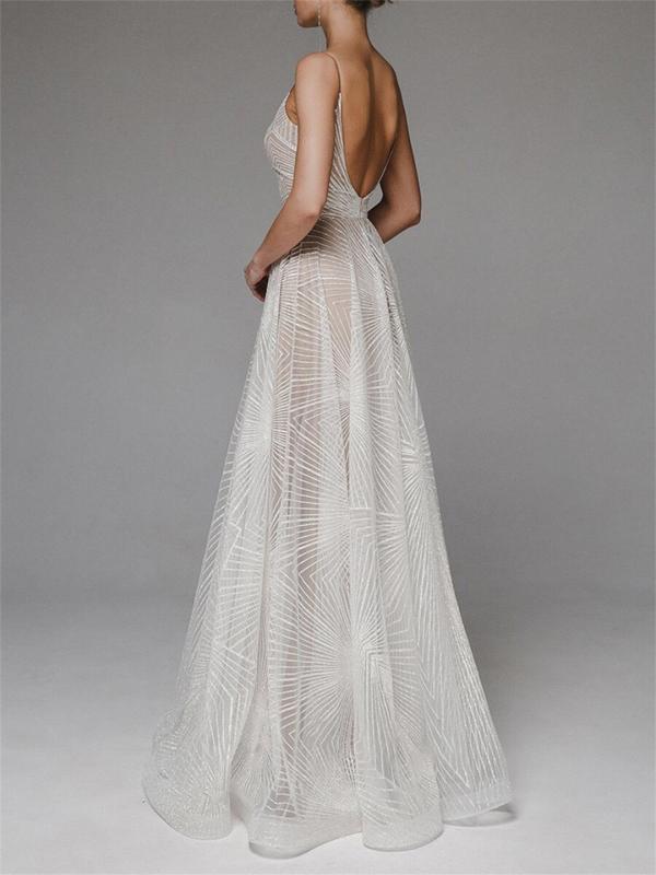 Apricot Straps Low Cut V Neck Embroidered Mesh Lace Elegant Evening Party Wedding Long Dress