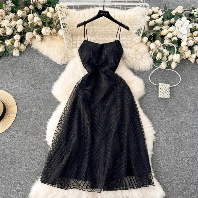 Black Straps Low Cut V Neck Embroidered Mesh Lace Elegant Evening Party Wedding Midi Dress