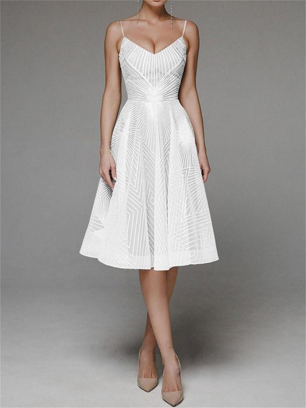 White Straps Low Cut V Neck Embroidered Mesh Lace Elegant Evening Party Wedding Midi Dress