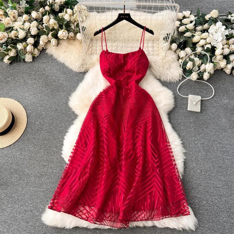 Red Straps Low Cut V Neck Embroidered Mesh Lace Elegant Evening Party Wedding Midi Dress