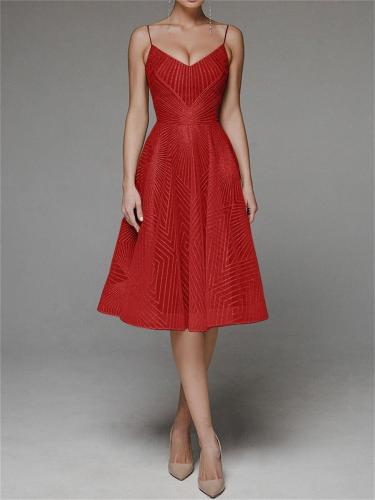 Red Straps Low Cut V Neck Embroidered Mesh Lace Elegant Evening Party Wedding Midi Dress