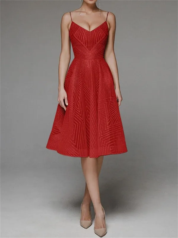 Red Straps Low Cut V Neck Embroidered Mesh Lace Elegant Evening Party Wedding Midi Dress