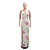 White Printed Sequins High Slit Bodycon Evening Formal Long Dress