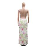 White Printed Sequins High Slit Bodycon Evening Formal Long Dress