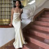 Apricot Straps Sexy Elegant Bodycon Evening Pleated Prom Long Dress