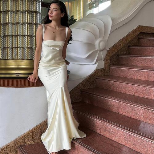 Apricot Straps Sexy Elegant Bodycon Evening Pleated Prom Long Dress