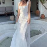 White Square Neck Straps Lace Up Casual Loose Fashion Maxi Dress