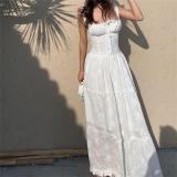 White Square Neck Straps Lace Up Casual Loose Fashion Maxi Dress