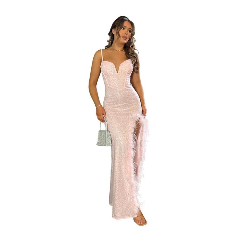 Pink Straps V Neck Sequins Bodycon Slit Feather Evening Maxi Dress