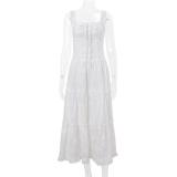 White Square Neck Straps Lace Up Casual Loose Fashion Maxi Dress