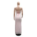 Pink Straps V Neck Sequins Bodycon Slit Feather Evening Maxi Dress
