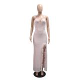 Pink Straps V Neck Sequins Bodycon Slit Feather Evening Maxi Dress