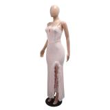 Pink Straps V Neck Sequins Bodycon Slit Feather Evening Maxi Dress