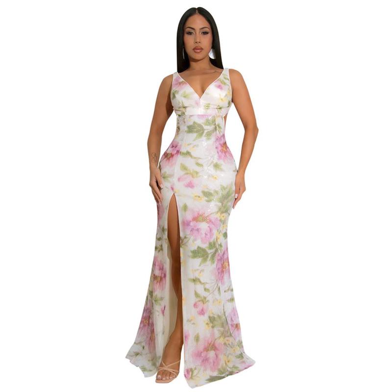 White Printed Sequins High Slit Bodycon Evening Formal Long Dress