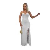 White Straps V Neck Sequins Bodycon Slit Feather Evening Maxi Dress