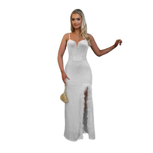 White Straps V Neck Sequins Bodycon Slit Feather Evening Maxi Dress