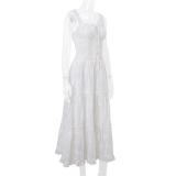 White Square Neck Straps Lace Up Casual Loose Fashion Maxi Dress