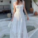 White Square Neck Straps Lace Up Casual Loose Fashion Maxi Dress