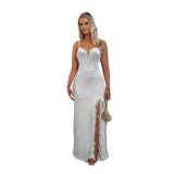 White Straps V Neck Sequins Bodycon Slit Feather Evening Maxi Dress