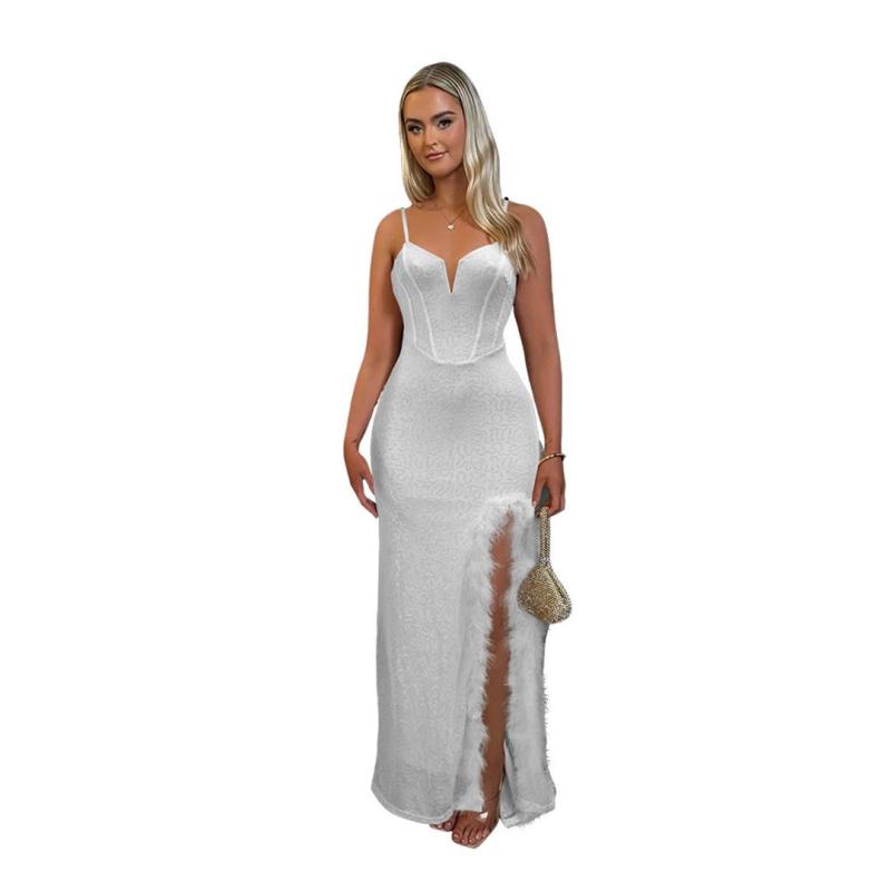 White Straps V Neck Sequins Bodycon Slit Feather Evening Maxi Dress