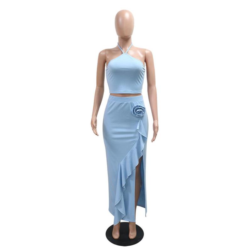 Beige Halter Sleeveless Crop Top Bodycon Ruffles Long Sexy Dress