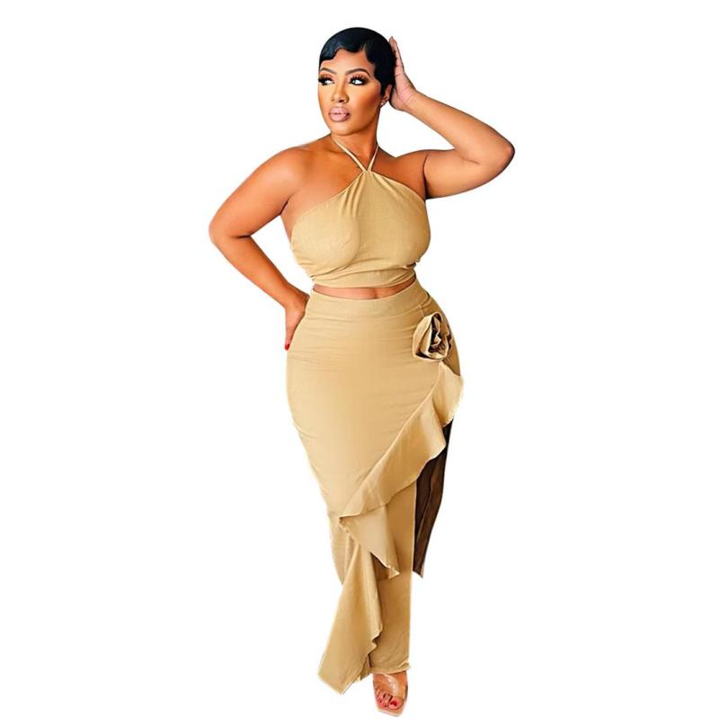 Beige Halter Sleeveless Crop Top Bodycon Ruffles Long Sexy Dress