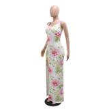 White Printed Sequins High Slit Bodycon Evening Formal Long Dress