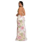 White Printed Sequins High Slit Bodycon Evening Formal Long Dress