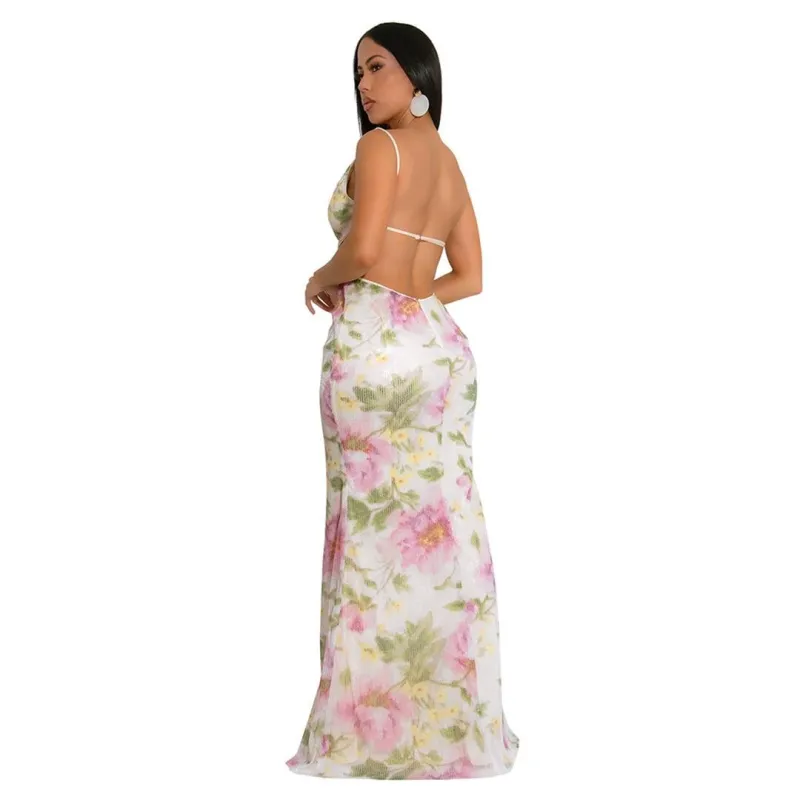 White Printed Sequins High Slit Bodycon Evening Formal Long Dress