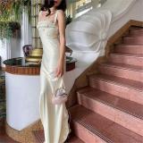 Apricot Straps Sexy Elegant Bodycon Evening Pleated Prom Long Dress