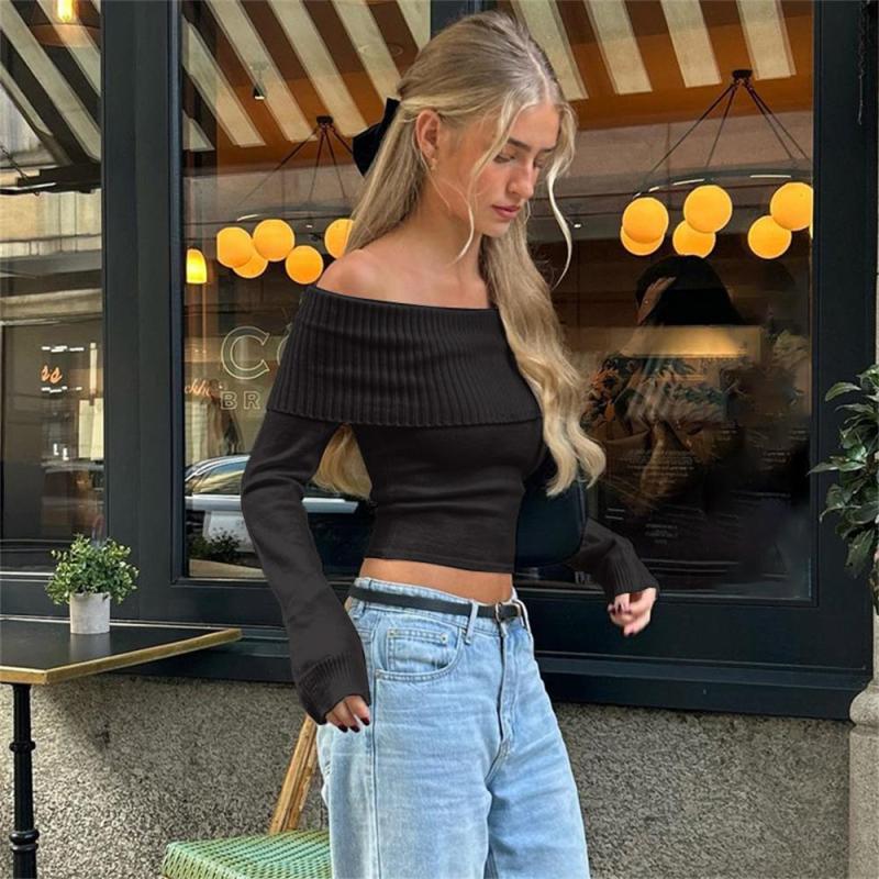 Black Long Sleeve Off Shoulder Knited Striped Slim FIt Fashion Tops