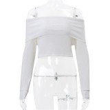 White Long Sleeve Off Shoulder Knited Striped Slim FIt Fashion Tops