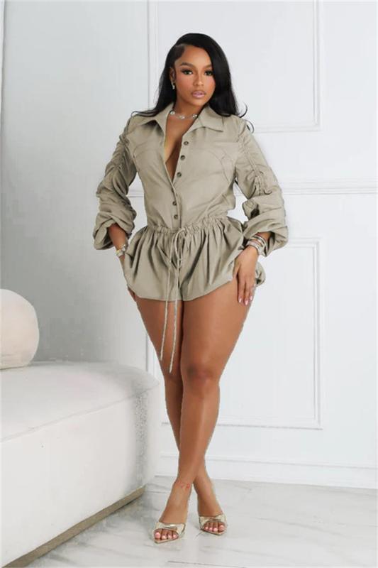 Green Long Sleeve Button Pleated Streetwear Lace Up Fashion Rompers 005