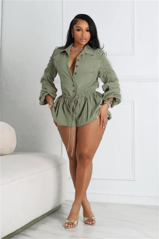 Green Long Sleeve Button Pleated Streetwear Lace Up Fashion Rompers 007