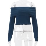 Royal Blue Long Sleeve Off Shoulder Knited Striped Slim FIt Fashion Tops