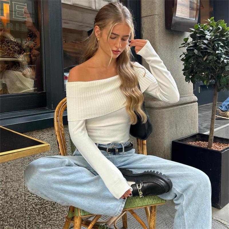 White Long Sleeve Off Shoulder Knited Striped Slim FIt Fashion Tops