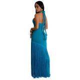 Blue Off Shoulder Evening Party Tassels Maxi Gowns Bandage Long Dress