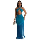 Blue Off Shoulder Evening Party Tassels Maxi Gowns Bandage Long Dress