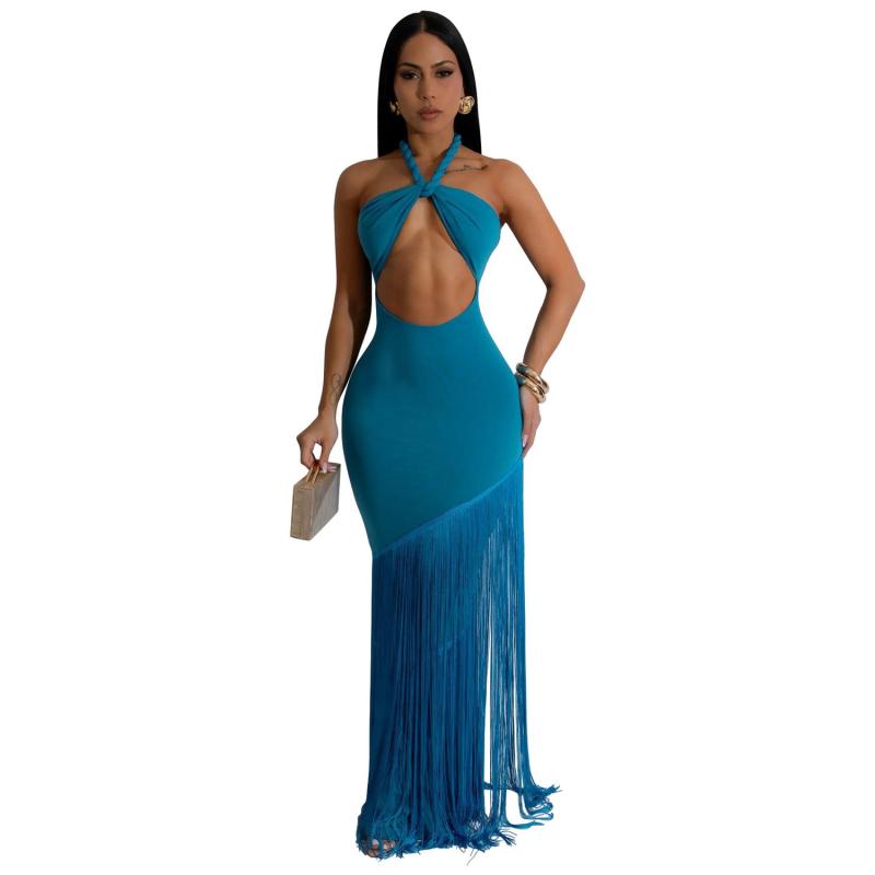 Blue Off Shoulder Evening Party Tassels Maxi Gowns Bandage Long Dress