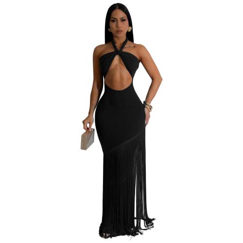 Black Off Shoulder Evening Party Tassels Maxi Gowns Bandage Long Dress